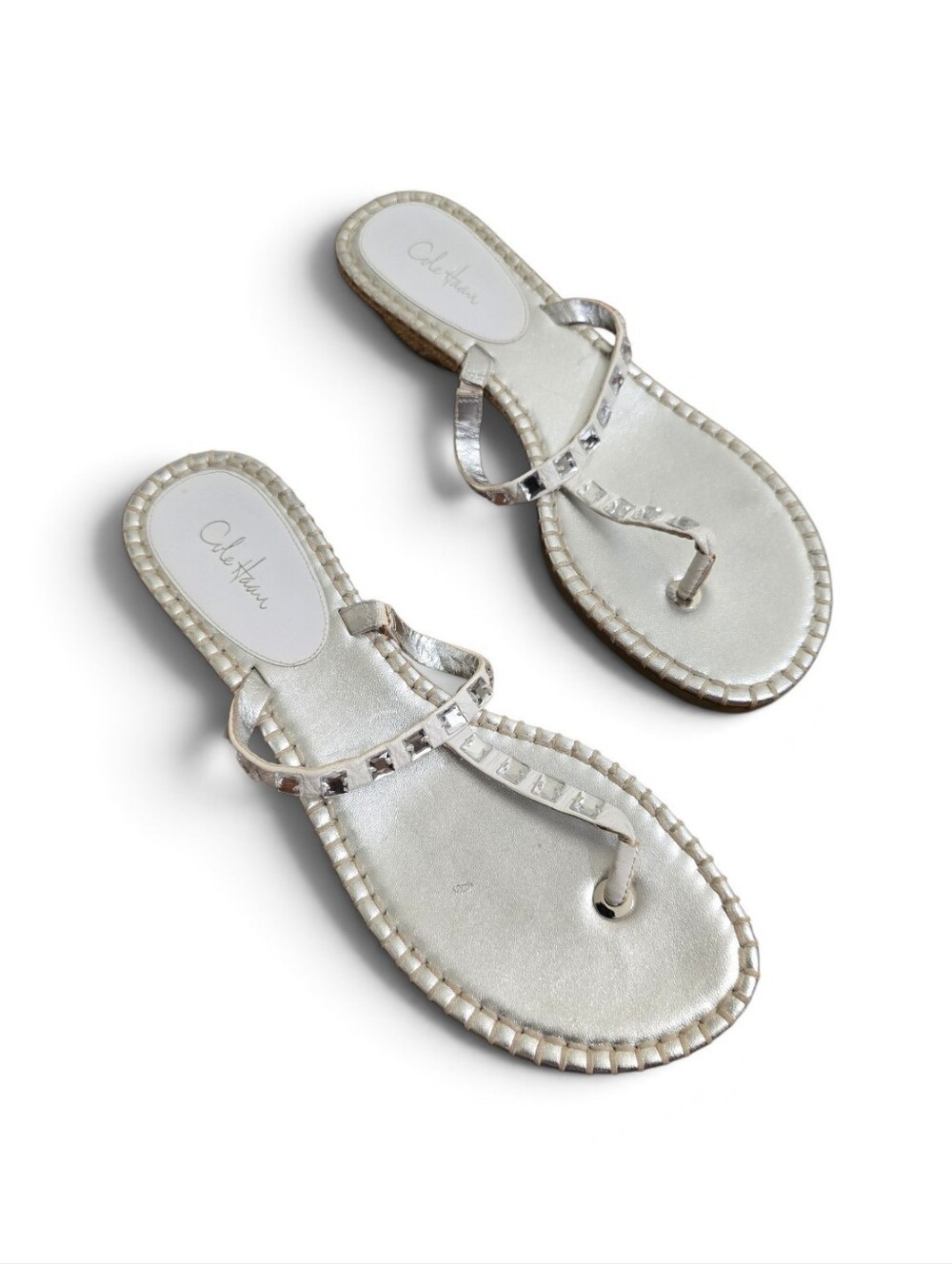 Cole Haan Silver T-Strap Rhinestone Hemp Sandals 9